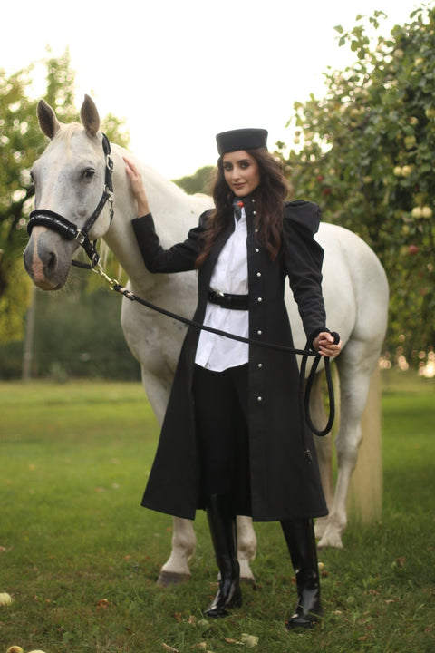 RainSisters | Fitted and Flared Coat with Balloon-Styled Sleeves in Black 'Majestic Night'