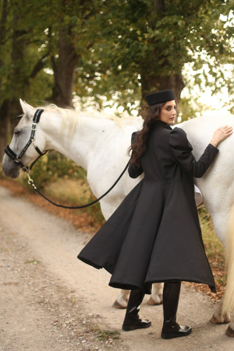 RainSisters | Fitted and Flared Coat with Balloon-Styled Sleeves in Black 'Majestic Night'