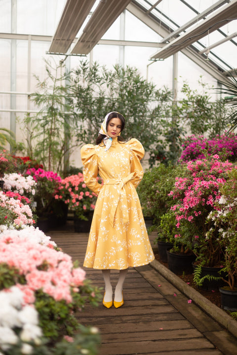 RainSisters | Fitted and Flared Coat with Balloon-Styled Sleeves in Yellow with White Floral Print 'Majestic Yellow'