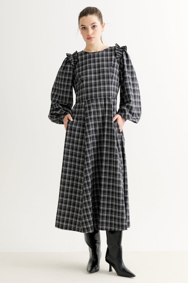 Maisie Shadow Check Long Sleeve Dress - Black & White