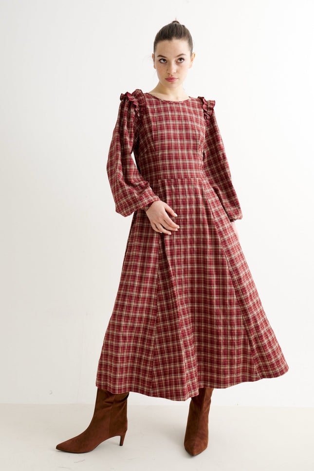 Maisie Shadow Check Long Sleeve Dress - Russet