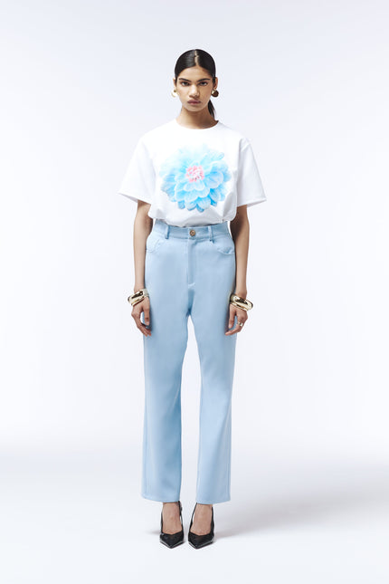 SOUR FIGS high-rise tailored straight-leg trousers in sky blue with jewel button at waist.
