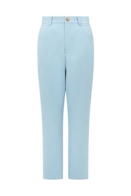 High-rise straight-leg blue trousers in smooth fabric with jewel button at waist