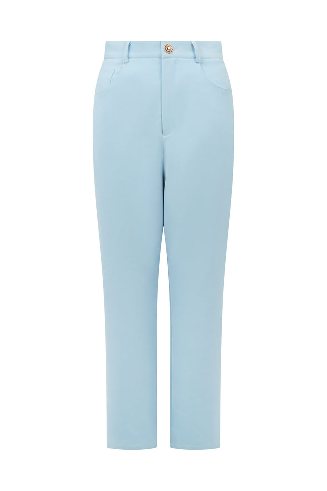 High-rise straight-leg blue trousers in smooth fabric with jewel button at waist