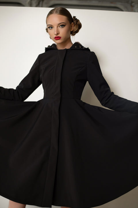 RainSisters | Fit and Flare Coat with Full Circle Skirts in Black and Ash Pink 'Midnight Black'