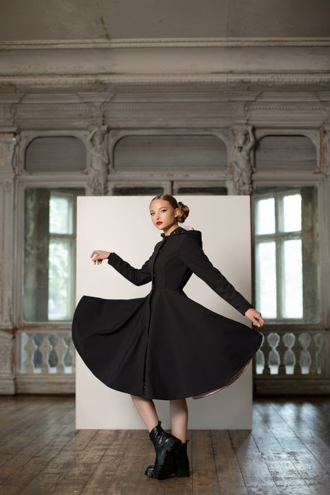 RainSisters | Fit and Flare Coat with Full Circle Skirts in Black and Ash Pink 'Midnight Black'