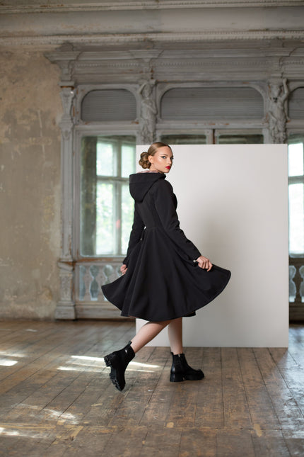 Black Women's Coat with Hood and flared skirt part