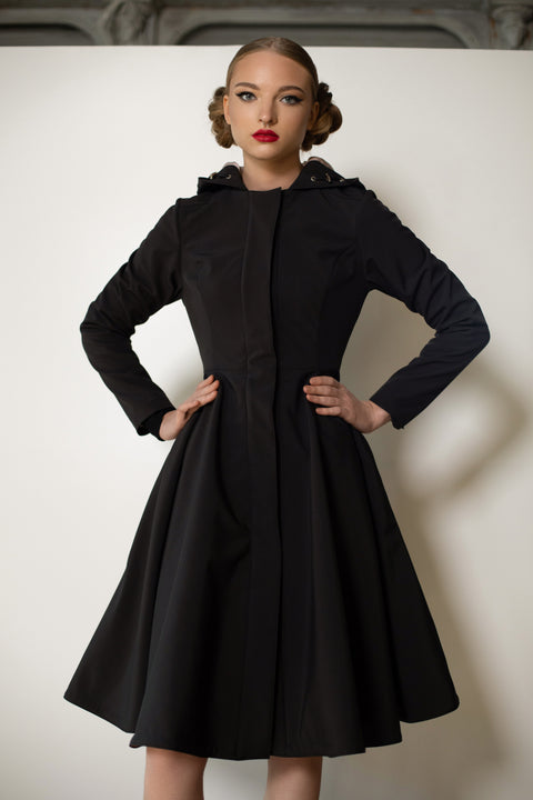 RainSisters | Fit and Flare Coat with Full Circle Skirts in Black and Ash Pink 'Midnight Black'