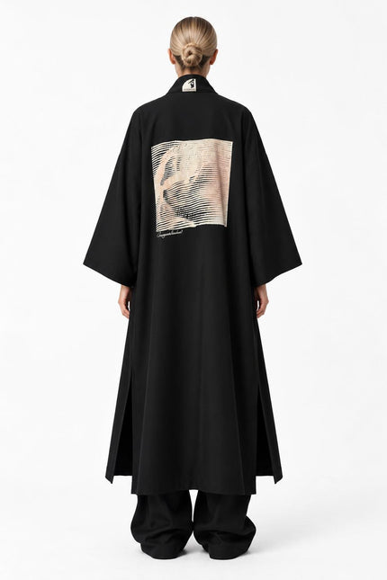 Oversized Graphic Kimono Coat – Black