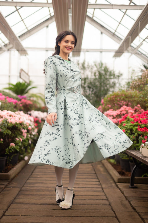Minty Meadow Coat in light green color with darker green abstract flower print by RainSisters