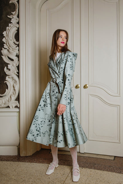 mint green coat with floral print