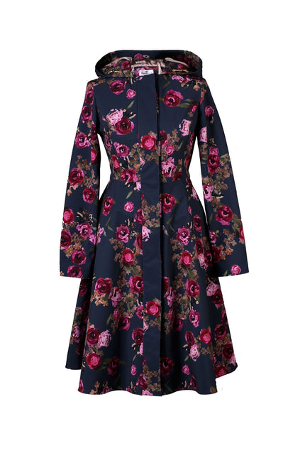Misty Rose coat by RainSisters on ghost mannequin – soft pink A-line coat with structured hood and flared hem