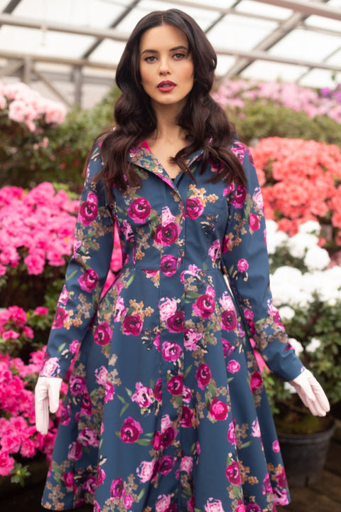 RainSisters | Fitted and Flared Coat with Pleated Back in Blue and Pink 'Misty Rose'