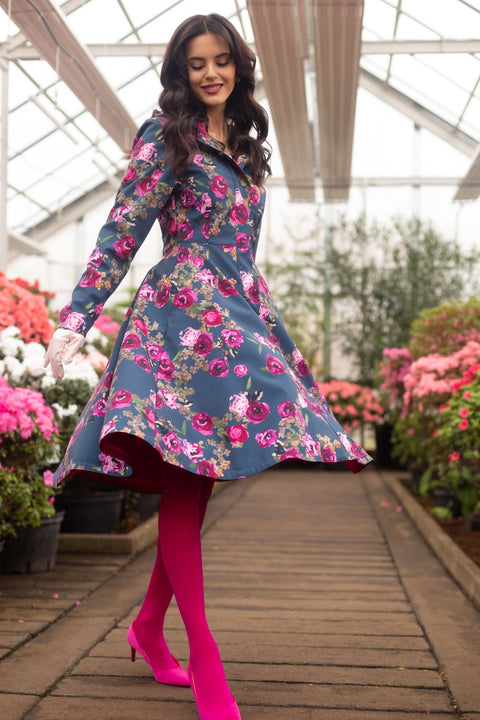 RainSisters | Fitted and Flared Coat with Pleated Back in Blue and Pink 'Misty Rose'