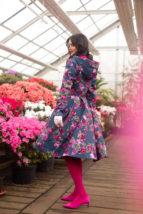 RainSisters | Fitted and Flared Coat with Pleated Back in Blue and Pink 'Misty Rose'