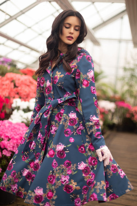 RainSisters | Fitted and Flared Coat with Pleated Back in Blue and Pink 'Misty Rose'