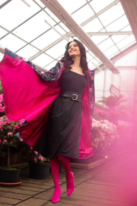 Model wearing Misty Rose A-line coat – stylish fall and winter outerwear for women