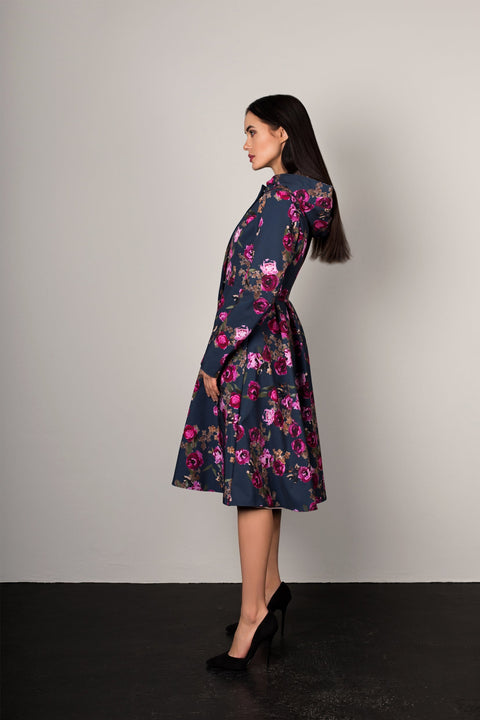 RainSisters | Fitted and Flared Coat with Pleated Back in Blue and Pink 'Misty Rose'