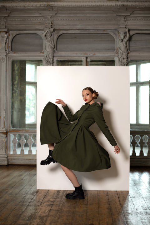 RainSisters | Fitted Coat with Pleated Skirt in Khaki Green 'Moss Green'