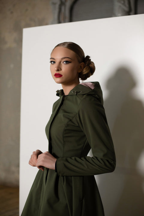 RainSisters | Fitted Coat with Pleated Skirt in Khaki Green 'Moss Green'