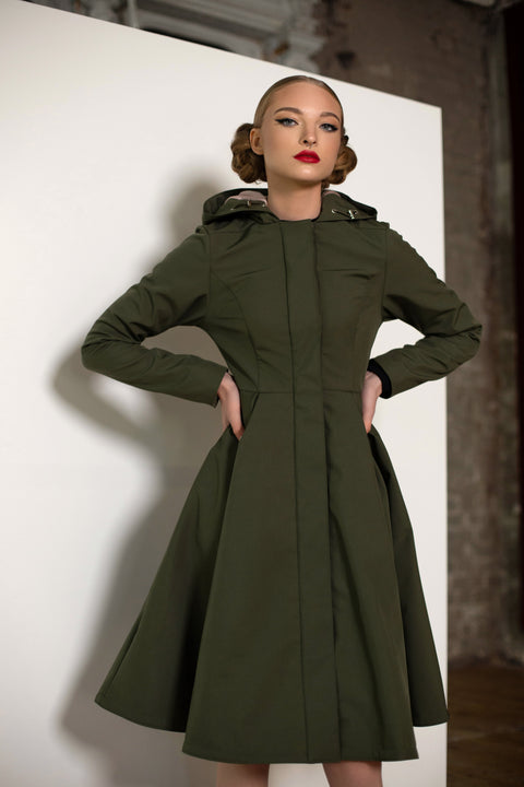 RainSisters | Fitted Coat with Pleated Skirt in Khaki Green 'Moss Green'