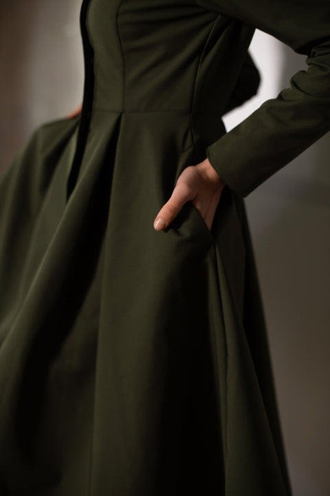 RainSisters | Fitted Coat with Pleated Skirt in Khaki Green 'Moss Green'
