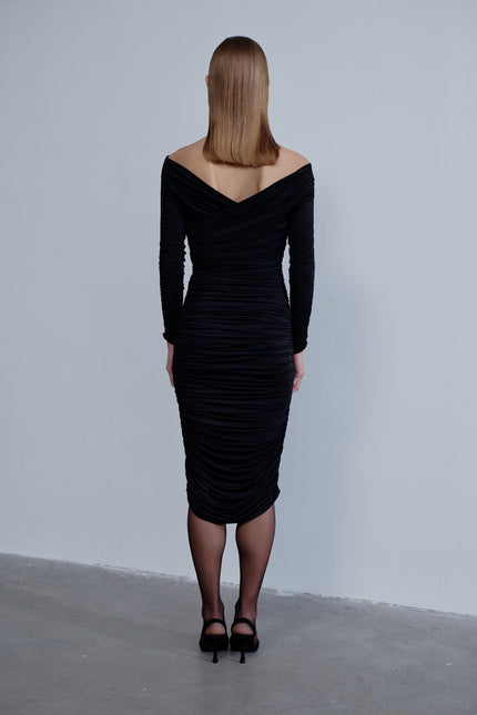 Nazli Ceren | Jilou Draped Jersey Midi Dress in Noire