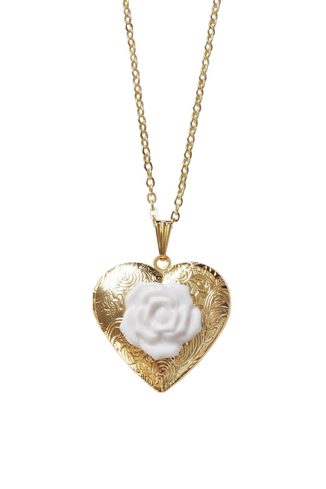 Poporcelain | Heart Locket with Rose Pendant Necklace