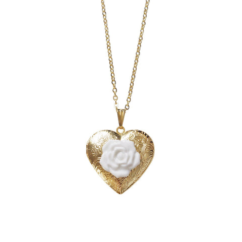 Poporcelain | Heart Locket with Rose Pendant Necklace
