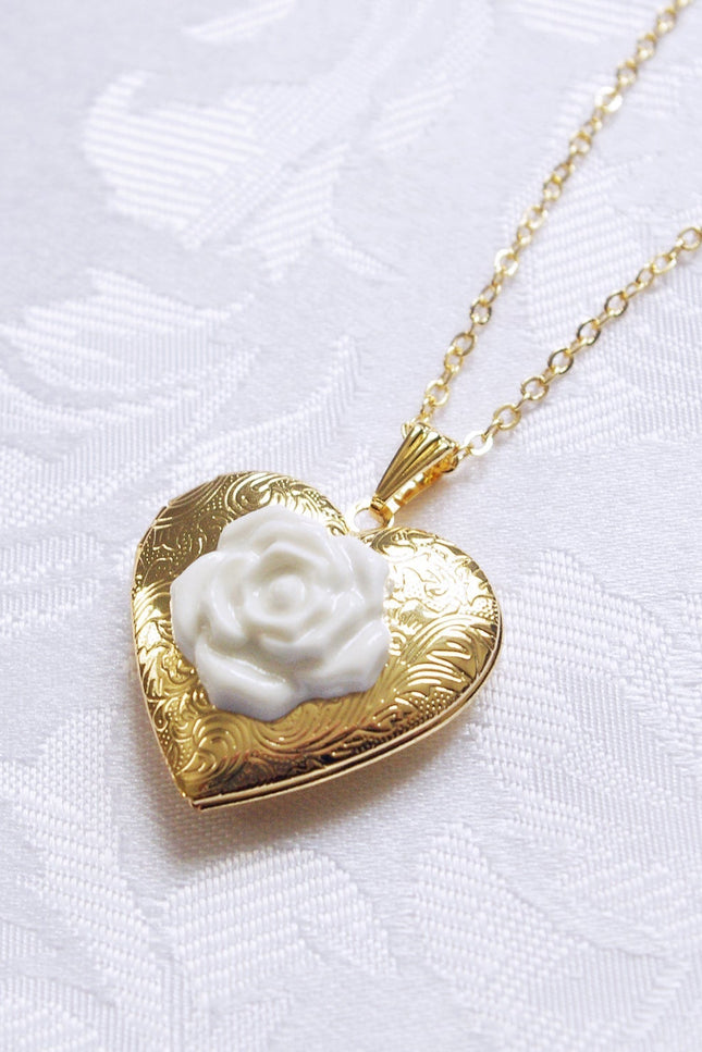 Poporcelain | Heart Locket with Rose Pendant Necklace