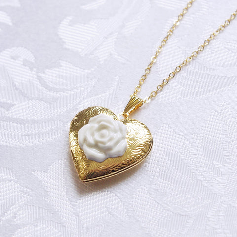 Poporcelain | Heart Locket with Rose Pendant Necklace