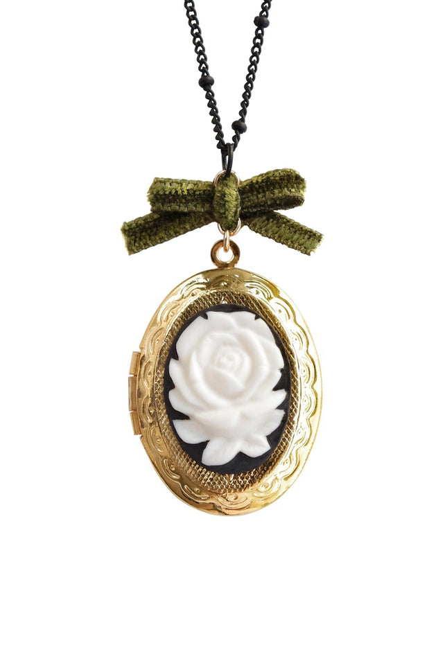 Poporcelain | Dark Romance Rose Oval Cameo Locket Pendant Necklace