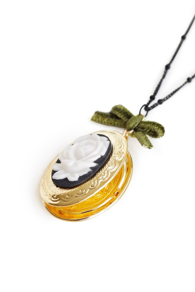 Poporcelain | Dark Romance Rose Oval Cameo Locket Pendant Necklace