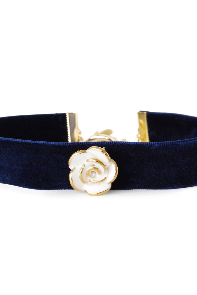 Poporcelain | White Cloud Rose Navy Velvet Choker