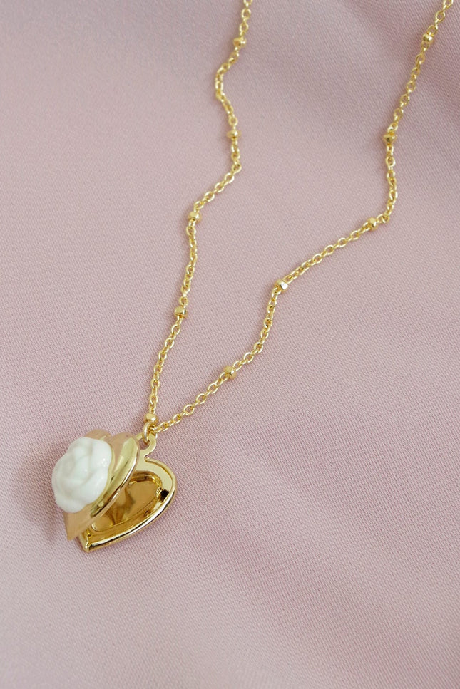Poporcelain | Camellia Heart Locket Pendant Necklace