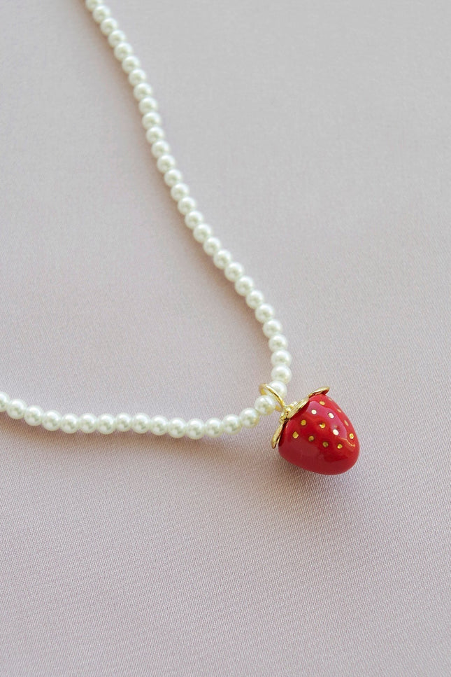 Poporcelain | Red Strawberry Swarovski Pearl Pendant Necklace
