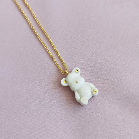 Poporcelain | Classy White And Gold Porcelain Teddy Bear Necklace