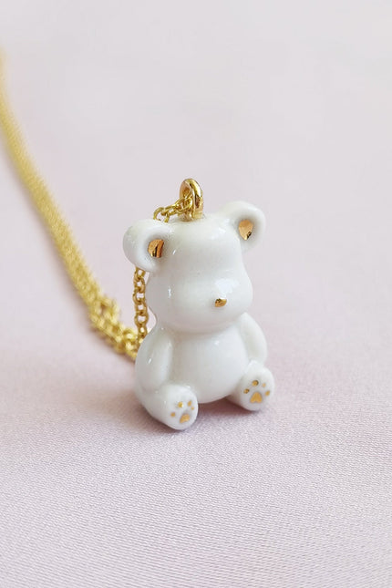 Poporcelain | Classy White And Gold Porcelain Teddy Bear Necklace