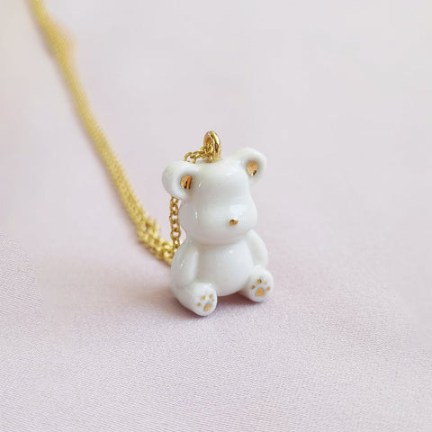 Poporcelain | Classy White And Gold Porcelain Teddy Bear Necklace