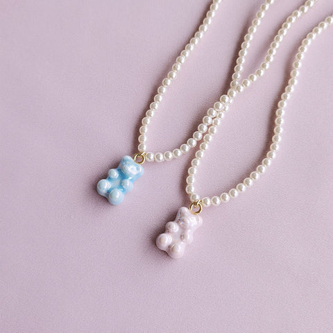 Poporcelain | Baby Blue Porcelain Gummy Bear Pearl Necklace