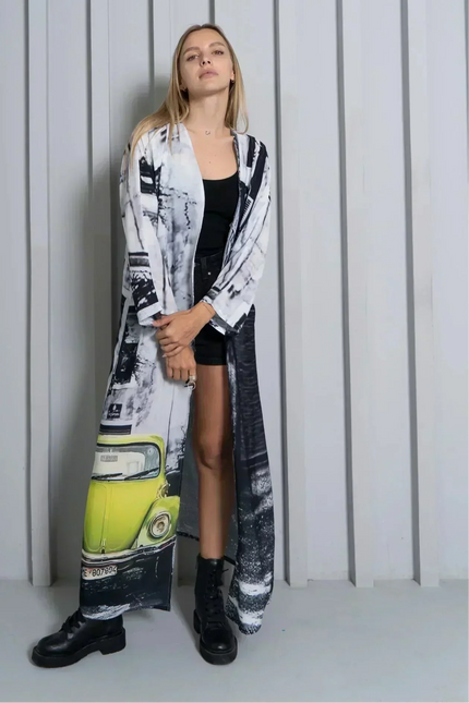 Neon Drive Car Abstract Print Long Kimono