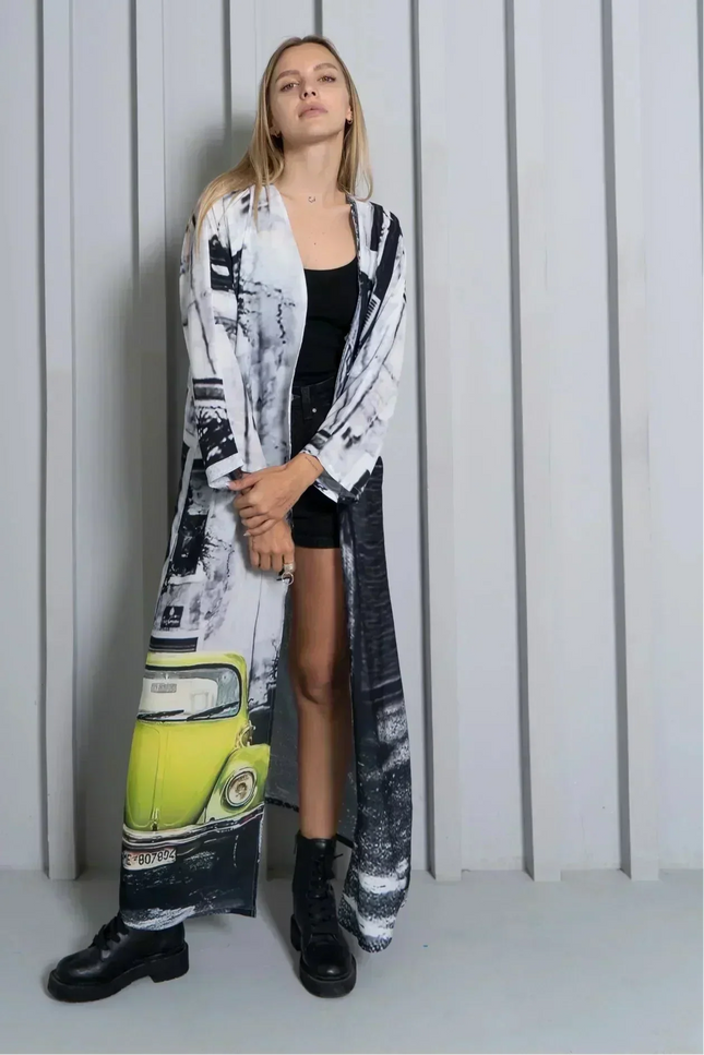 Neon Drive Car Abstract Print Long Kimono