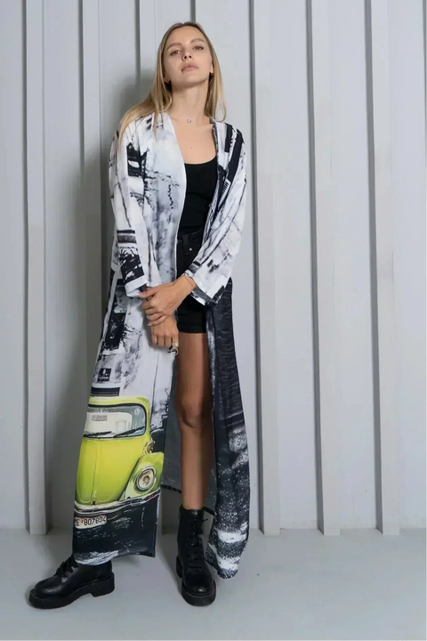 Neon Drive Car Abstract Print Long Kimono