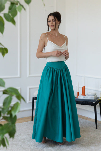 Front view of maxi cotton skirt in teal blue
