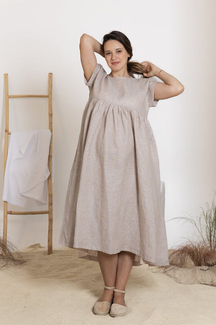 Front view of midi linen natural dress