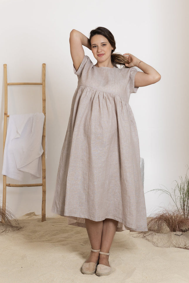 Front view of midi linen natural dress