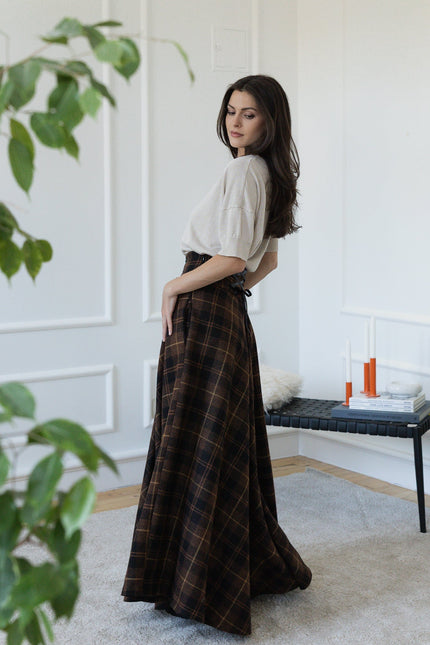 Side view of dark brown maxi wool skirt