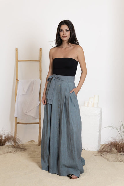 Front view of maxi linen skirt with pockets