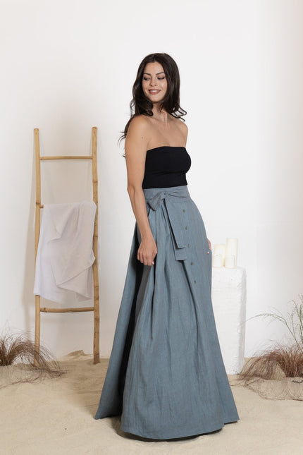 Maxi linen skirt in dusty blue color