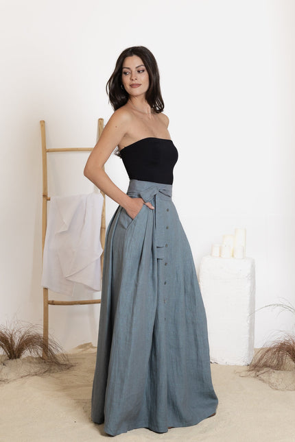 Side view of maxi linen skirt with bow